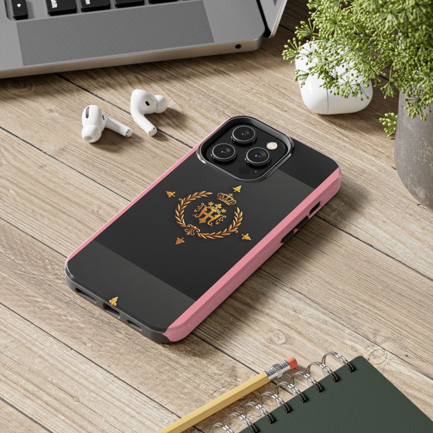 Tough Phone Case with Regal Design - Elegant Phone Protection, Gift for Him/Her, Royalty Inspired - Pink Striped Gold Crest