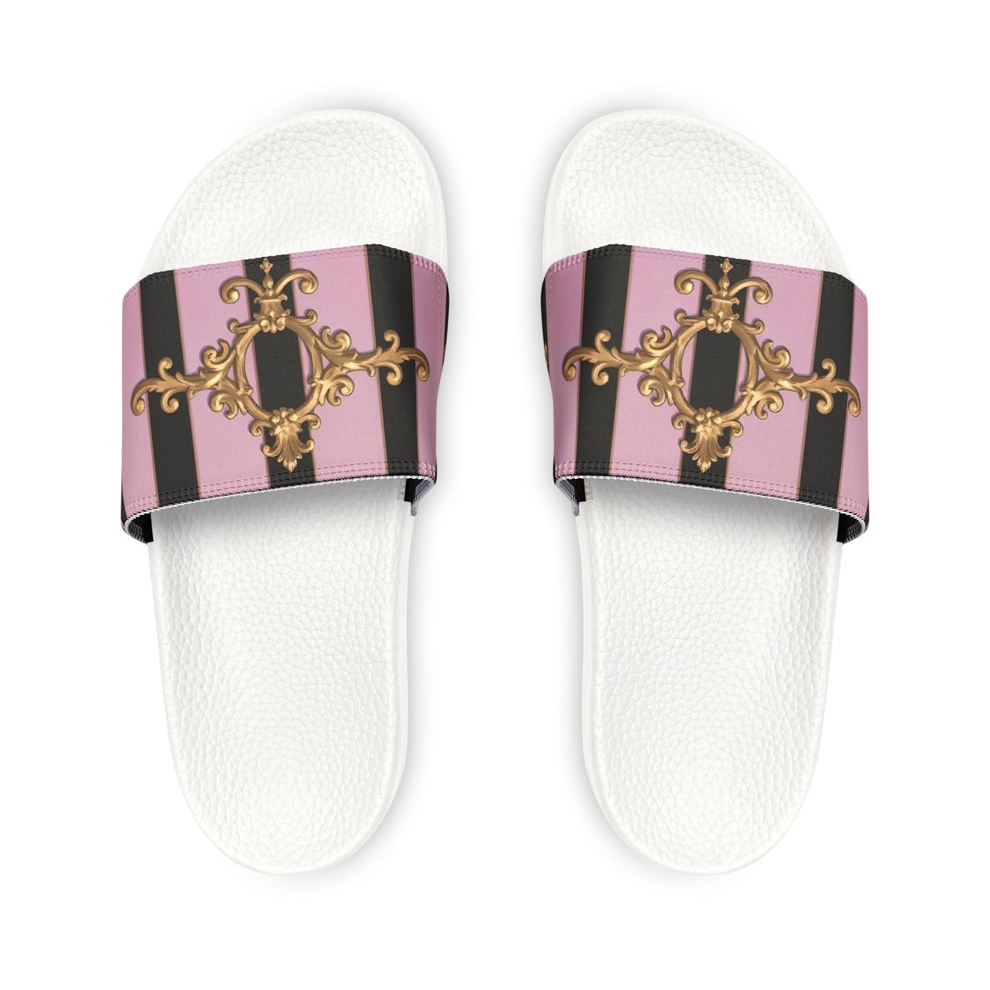 Chic Women's Slide Sandals, Stylish Summer Footwear, Beachwear, Poolside Chic, Vacation Essentials - Matte Lavender & Black Striped Gold Baroque