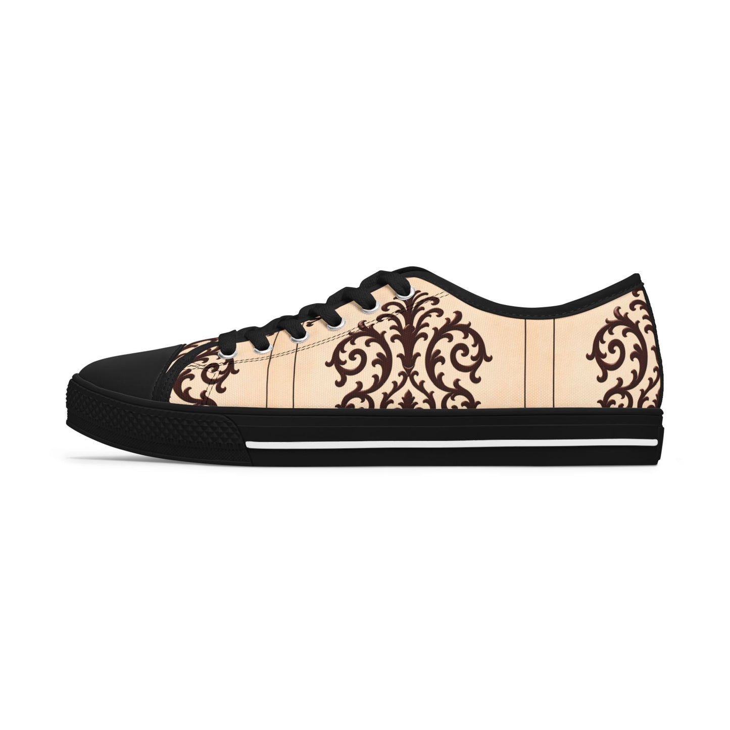 Almond-Beige & Brown Baroque Pattern Women's Low Top Sneakers — Elegant Vintage Baroque Design