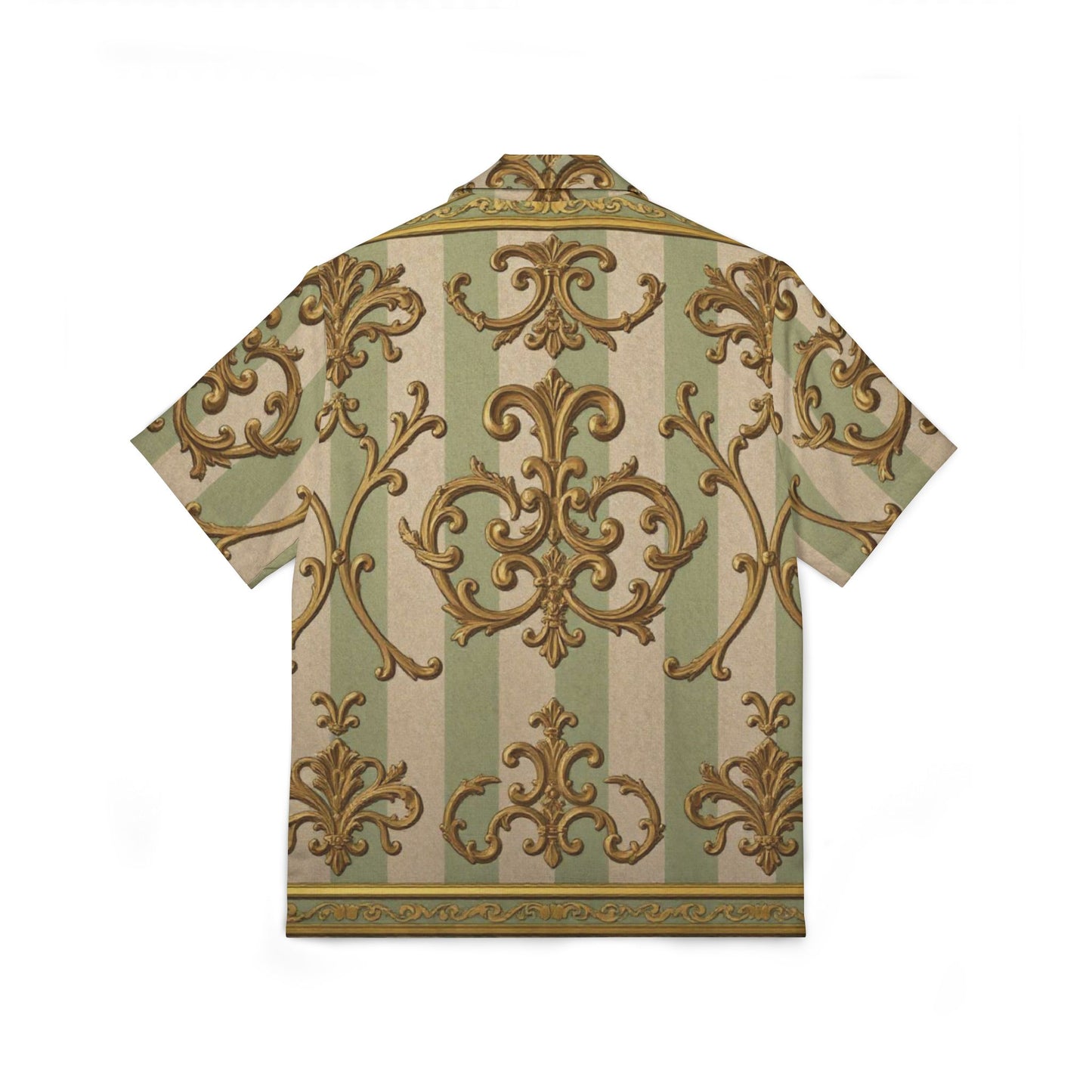 Stylish Men's Hawaiian Camp Shirt, Tropical Casual Shirt, AOP Patterned Top, Summer Vacation Wear - Mint & Beige Striped Gold Baroque
