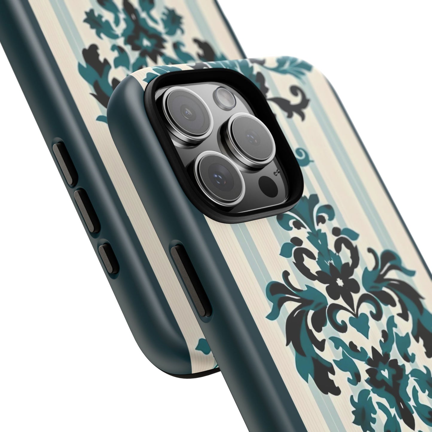 Elegant Floral Phone Case - Tough Cases with Vintage Design - Teal Striped Damask