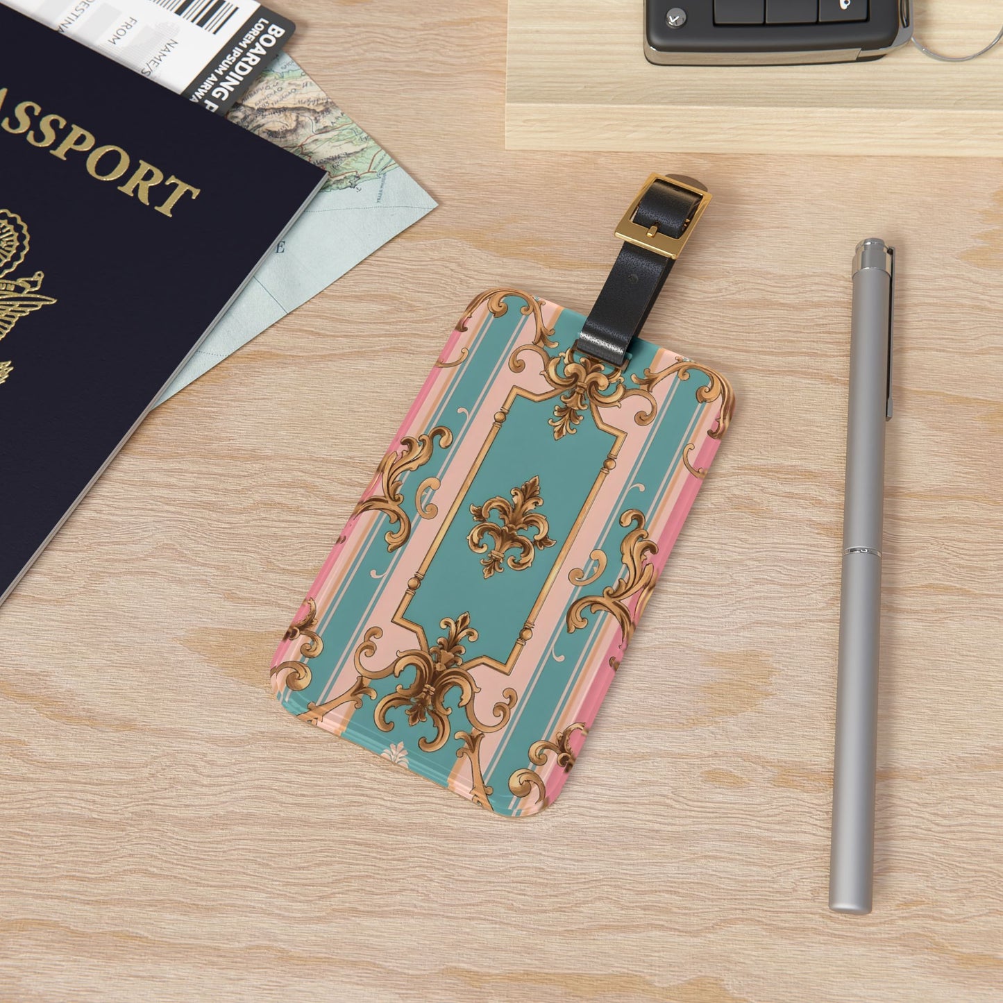 Elegant Travel Luggage Tag - Vintage Chic Design for Stylish Travelers, Personalized Baggage Identifier - Pink & Matte Turquoise Striped Rococo