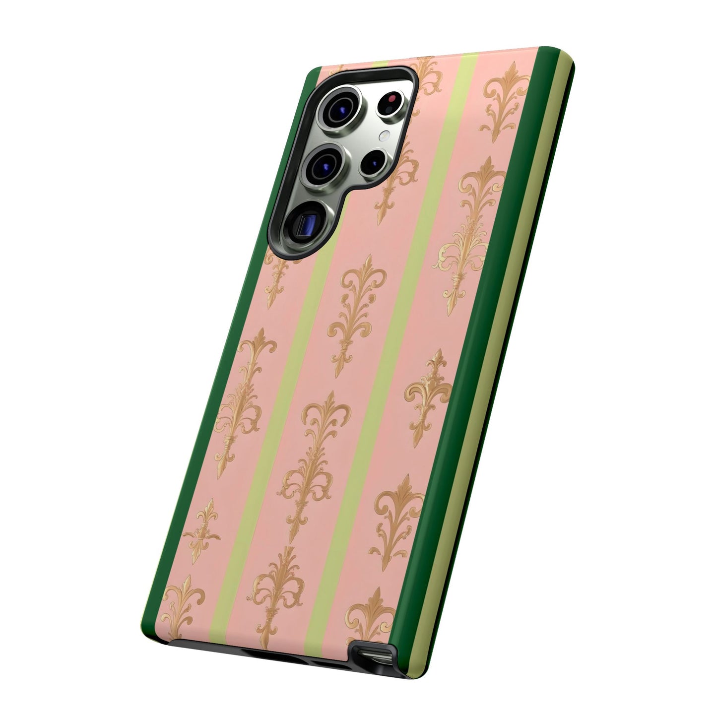 Elegant Floral Motif Phone Case - Tough Cases with Vintage Design - Lime Green & Pink Striped Damask