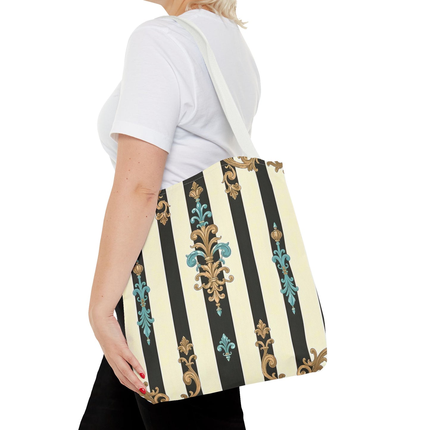 Elegant Stripe Pattern Tote Bag | Fashionable Reusable Shopping Tote, Eco-Friendly Gift Bag - Black Striped Turquoise & Black Rococo