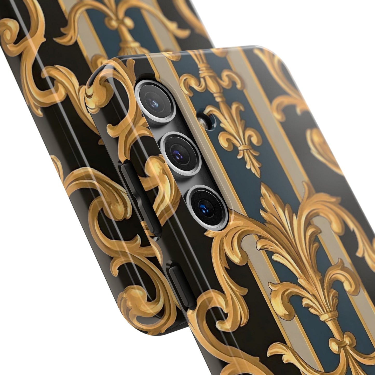 Elegant Rococo Phone Cases, Tough iPhone Case, Floral Design Case, Luxury Phone Cover - Blue & Black Striped Rococo