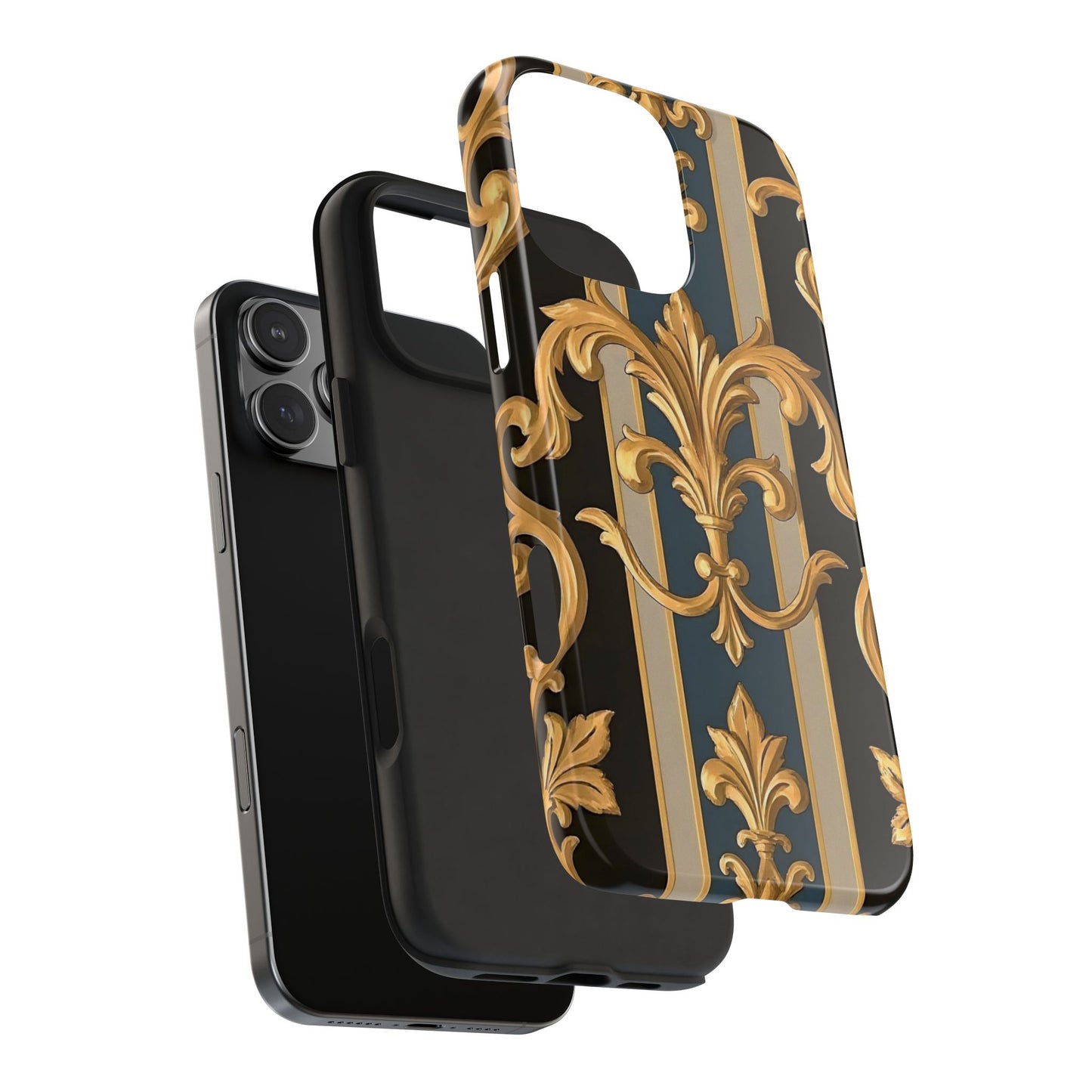Elegant Rococo Phone Cases, Tough iPhone Case, Floral Design Case, Luxury Phone Cover - Blue & Black Striped Rococo