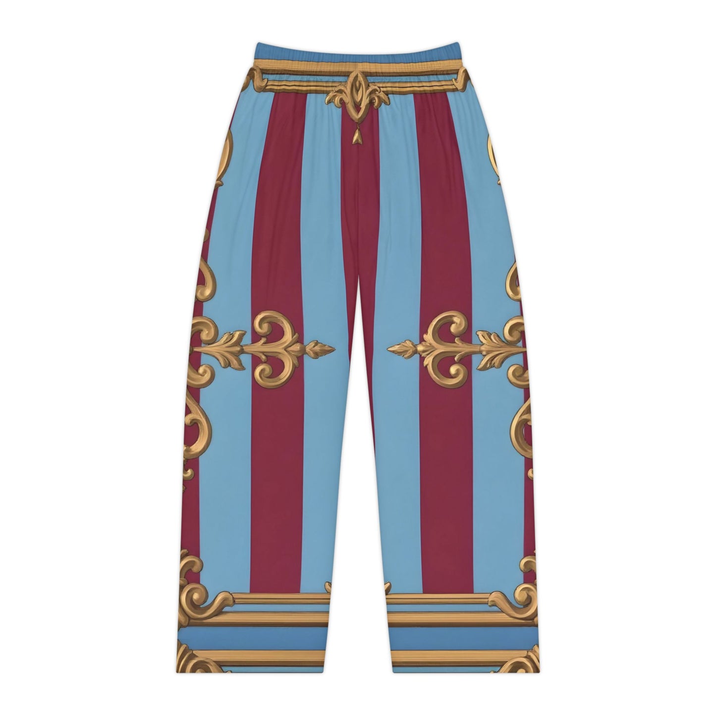 Elegant Women's Pajama Pants - Luxurious AOP Loungewear, Sleepwear, Homewear, Gift for Her - Sky Blue & Maroon Striped Baroque