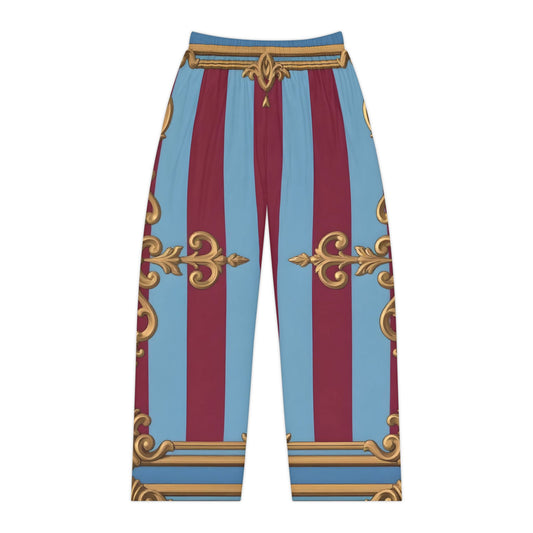Elegant Women's Pajama Pants - Luxurious AOP Loungewear, Sleepwear, Homewear, Gift for Her - Sky Blue & Maroon Striped Baroque