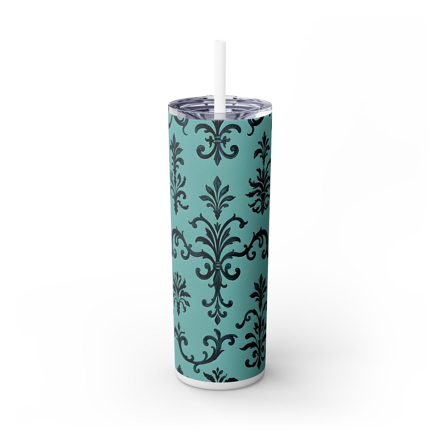 Elegant Floral Skinny Tumbler with Straw, 20oz, Personalized Drinkware, Stylish Travel Mug, Great Gift for Her - Teal Striped Rococo
