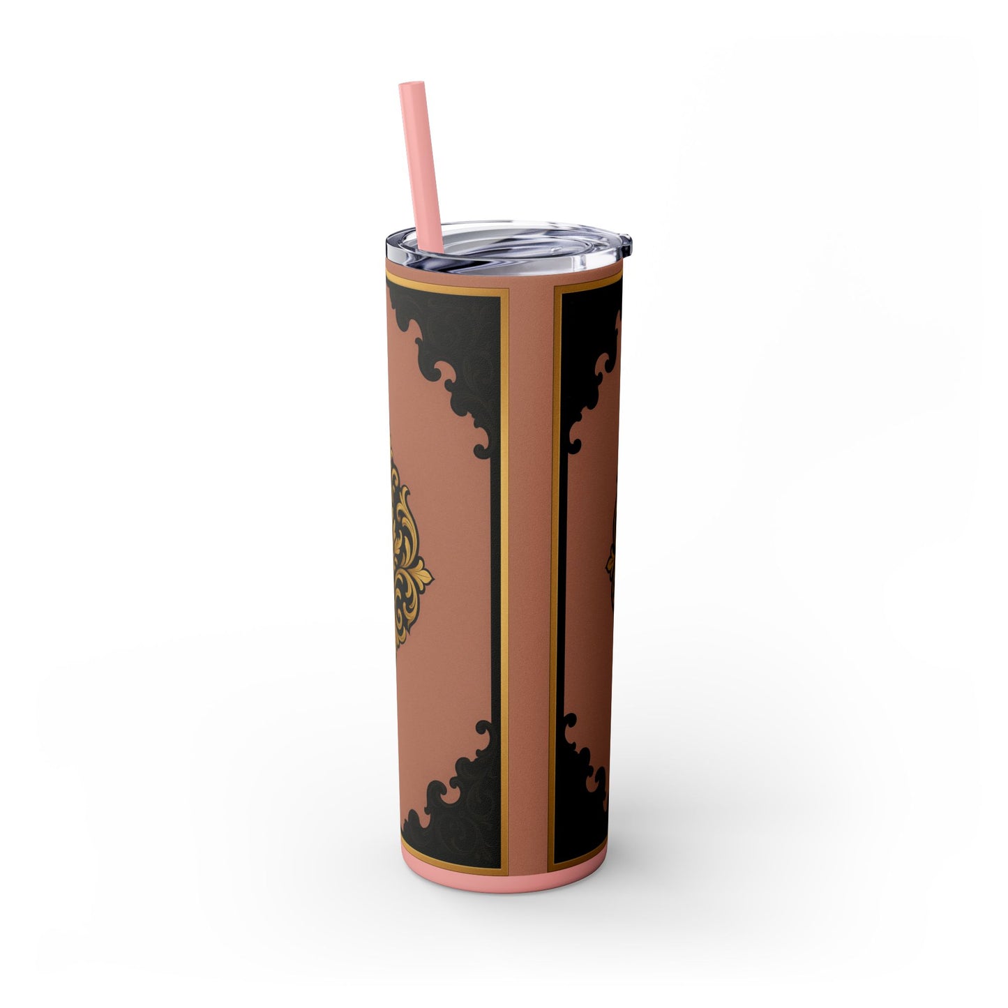 20oz Skinny Tumbler with Straw — Vintage Mauve & Black-Gold Baroque Design