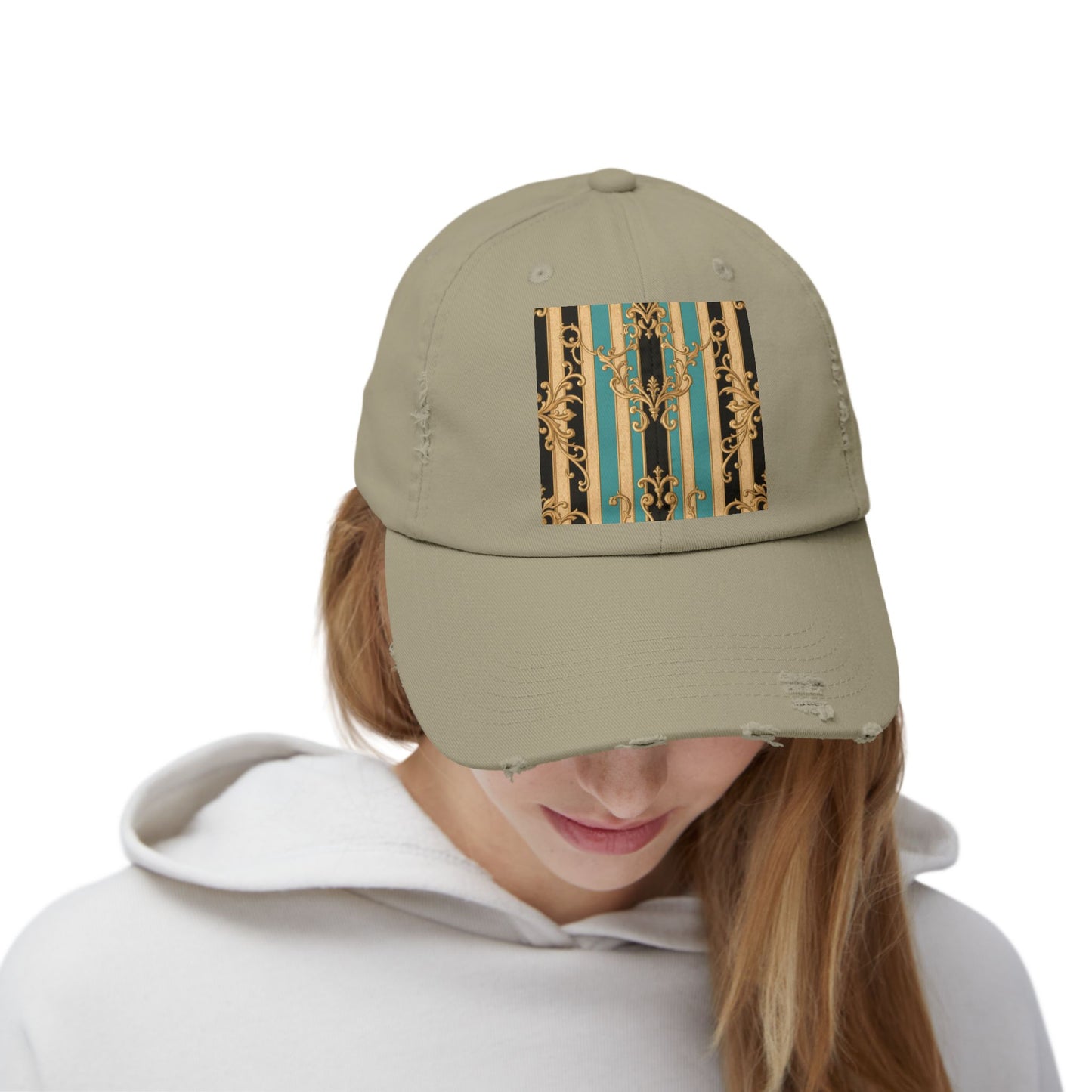 Distressed Black, Tan & Ocean Green Striped Gold Baroque Cap with Elegant Stripe Design | Vintage-Inspired Accessories, Unisex Casual Hat