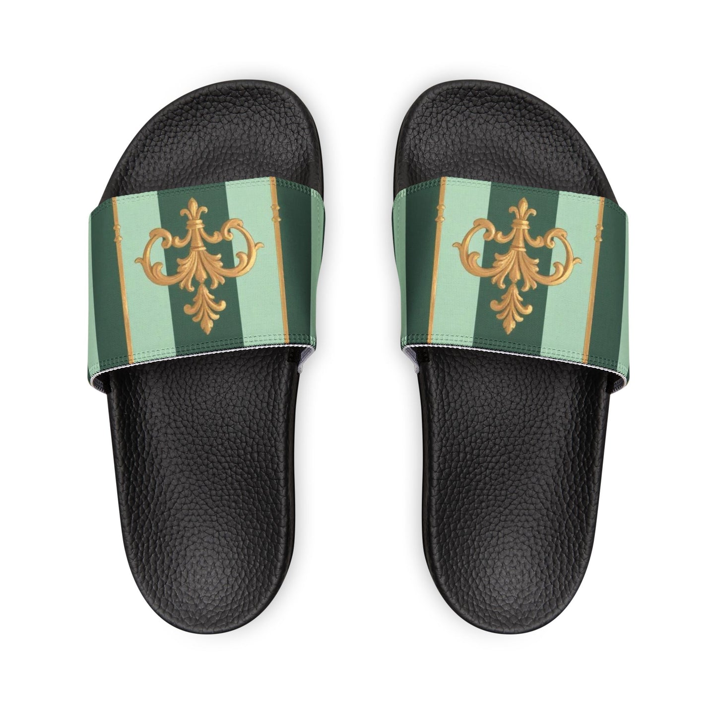 Chic Women's Sandals for Summer, Fashion Sandals, Stylish Beachwear, Casual Footwear, Vacation Slides - Mint Green & Teal Striped Gold Baroque
