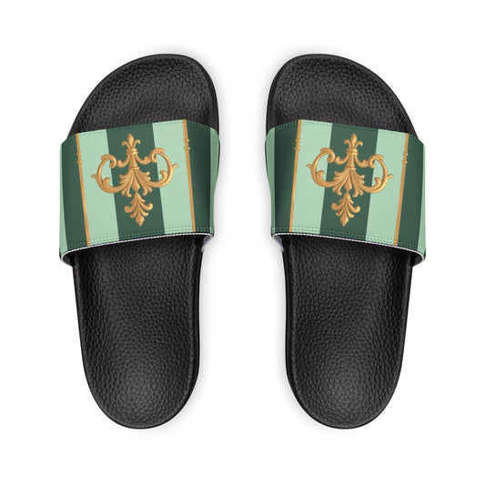 Chic Women's Sandals for Summer, Fashion Sandals, Stylish Beachwear, Casual Footwear, Vacation Slides - Mint Green & Teal Striped Gold Baroque