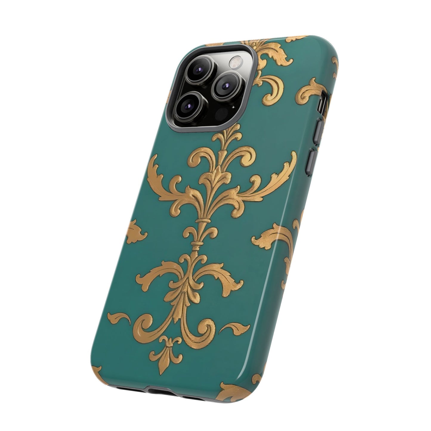 Elegant Floral Motif Phone Case - Tough Cases with Vintage Design - Aqua & Gold Damask