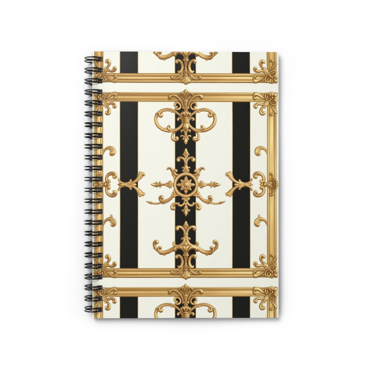 Elegant Gold & Black Spiral Notebook - Ruled Lines, Journaling, School Supplies, Writing, Gift for Students - Black & White Striped Gold Baroque