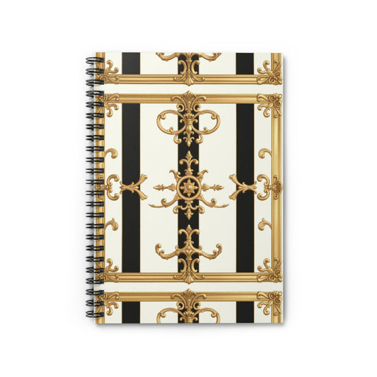 Elegant Gold & Black Spiral Notebook - Ruled Lines, Journaling, School Supplies, Writing, Gift for Students - Black & White Striped Gold Baroque