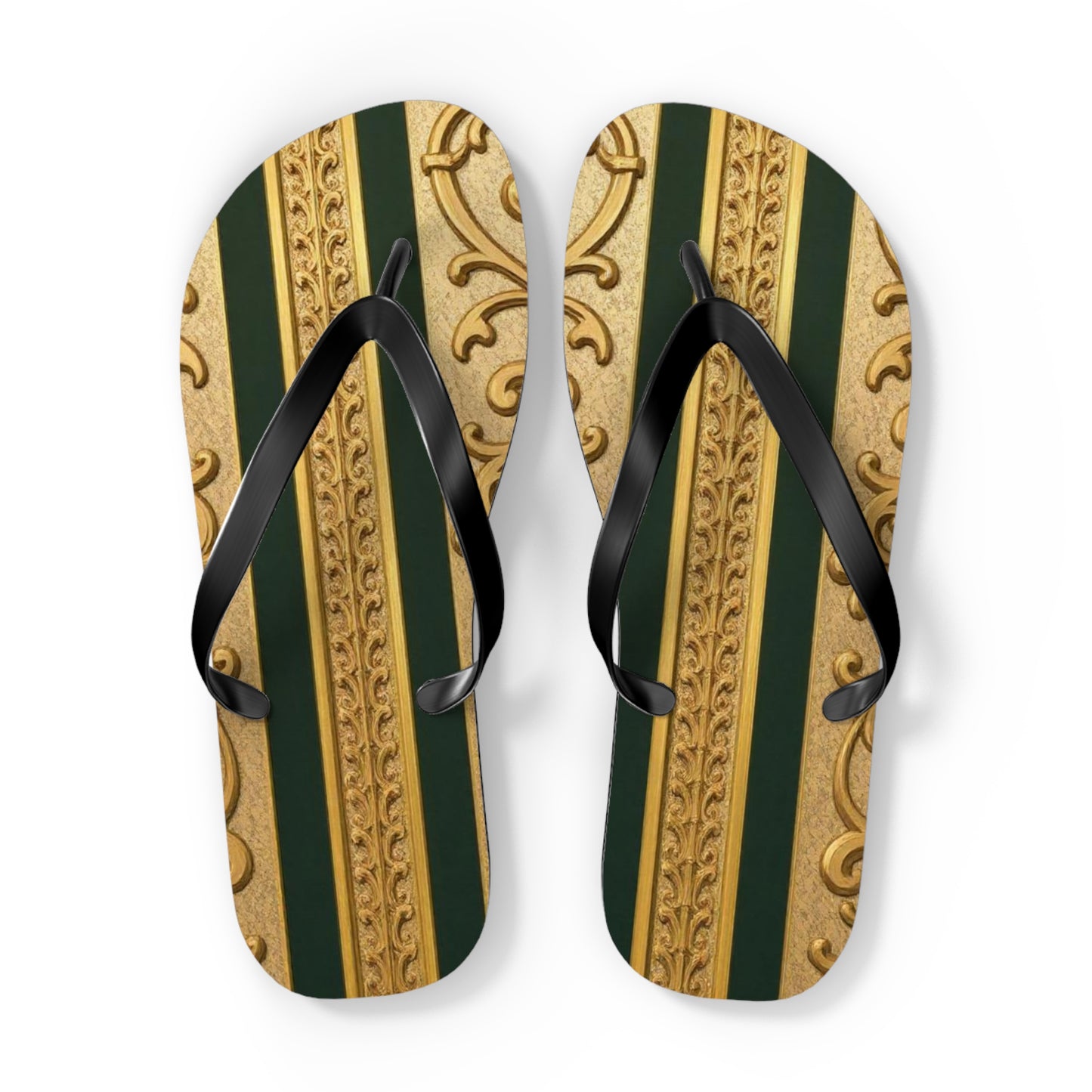 Elegant Teal Striped Gold Baroque Flip Flops, Summer Sandals, Beach Footwear, Vacation Essentials, Stylish Slippers, Poolside Accessories