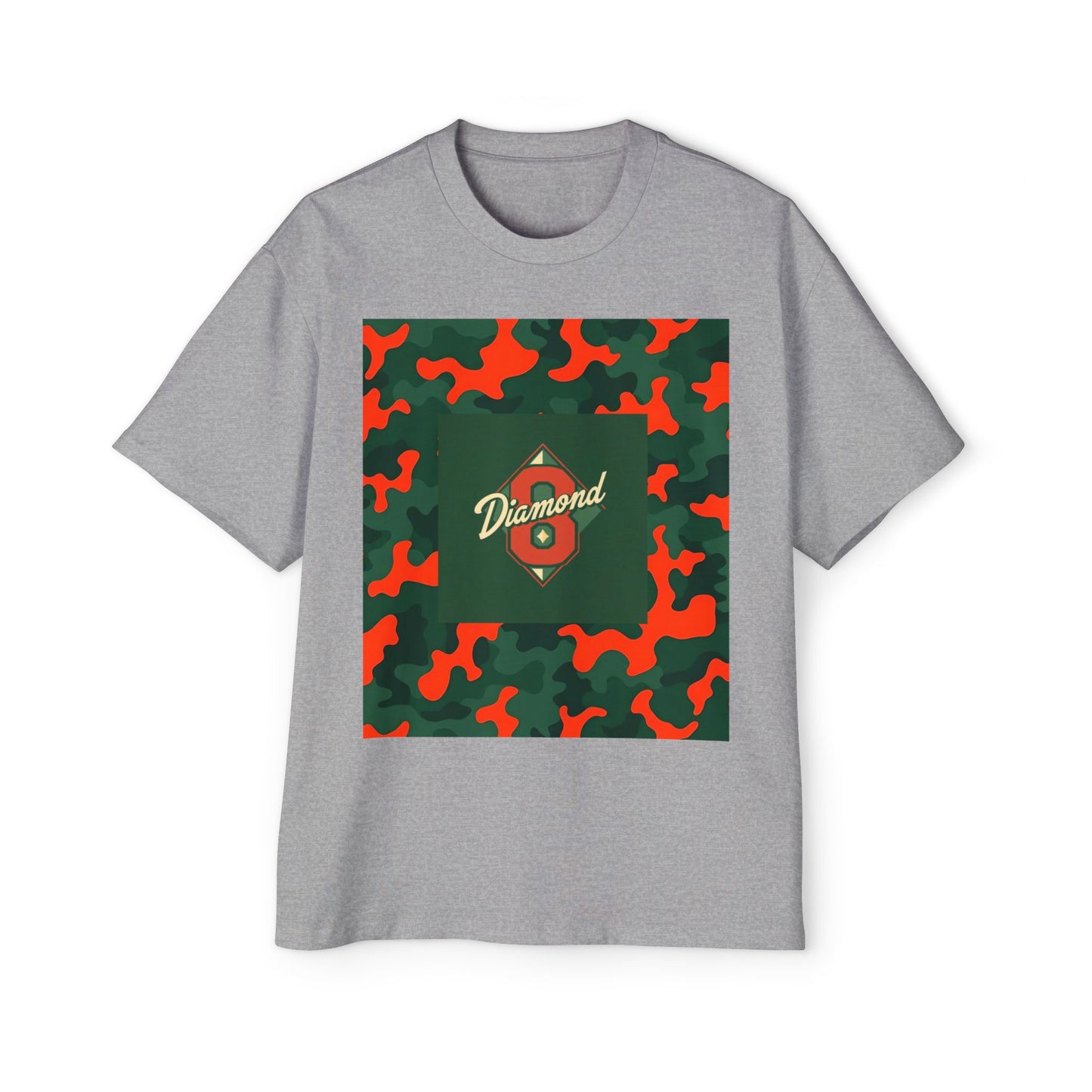 Men's Heavy Oversized Camouflage Tee, Casual Streetwear Shirt, Graphic T-Shirt, Comfortable Everyday Wear, Gift for Him - Green & Orange Camo Diamond 8