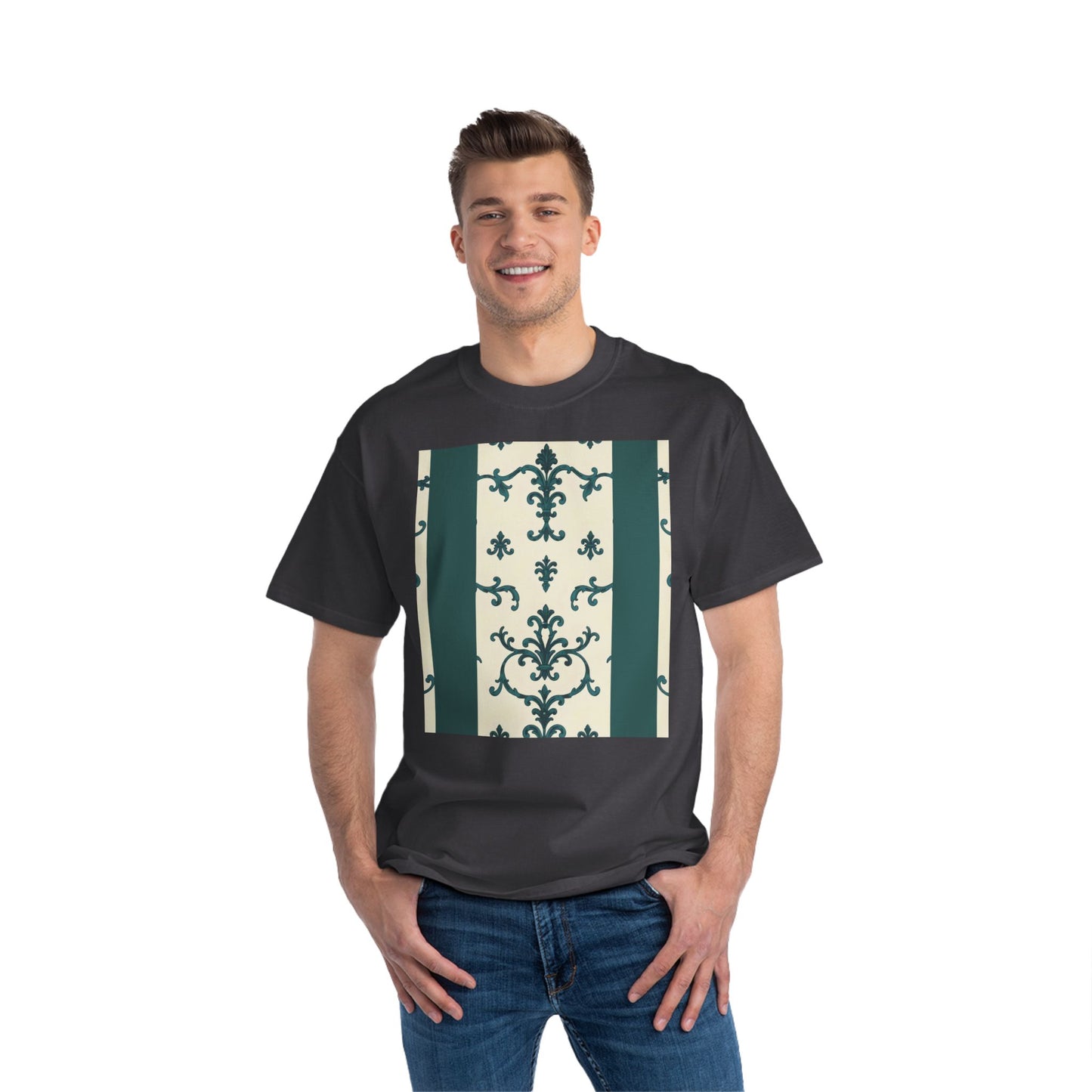 Vintage-Inspired Short-Sleeve T-Shirt, Casual Wear, Graphic Tee, Summer Outfit, Gift for Friends, Retro Design - Teal Striped Rococo