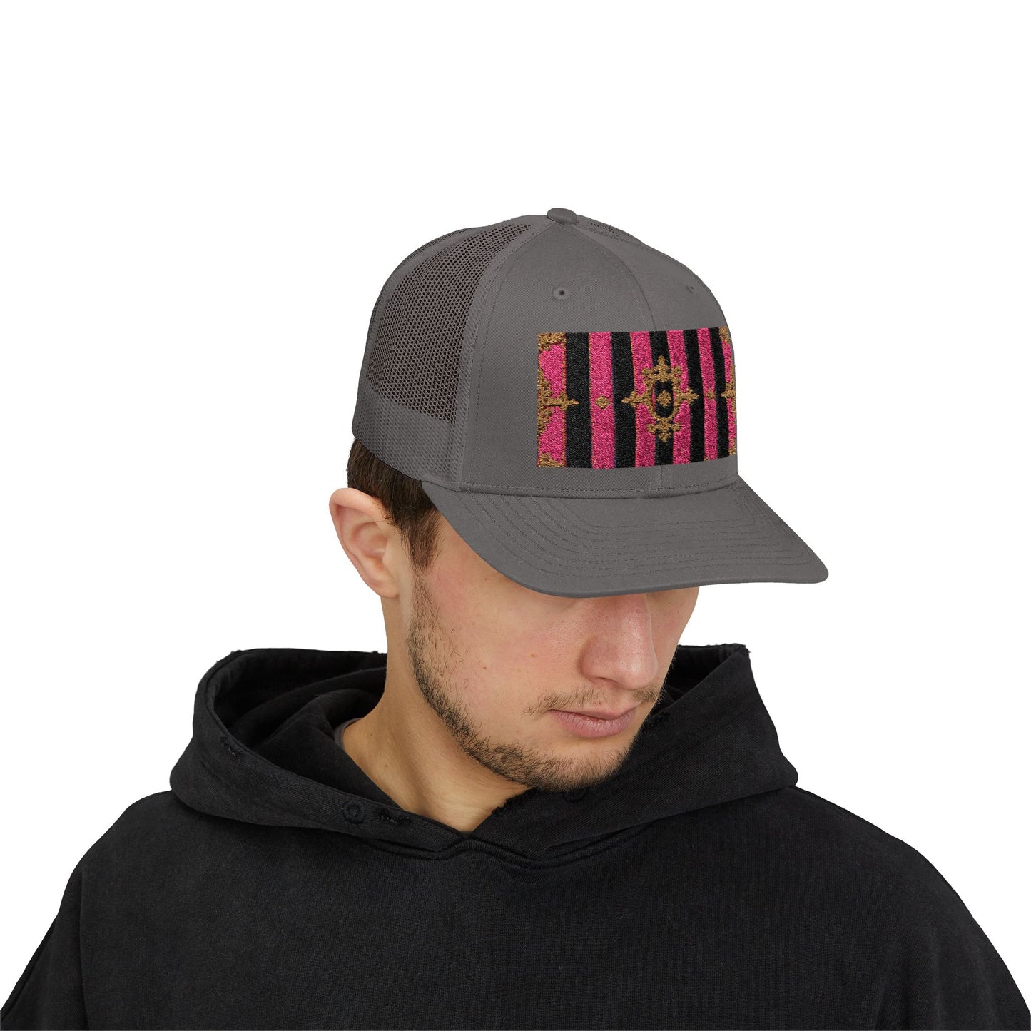 Stylish Snapback Trucker Cap with Black & Mauve Striped Gold Baroque, Trendy Fashion Hat, Perfect Gift for Him/Her