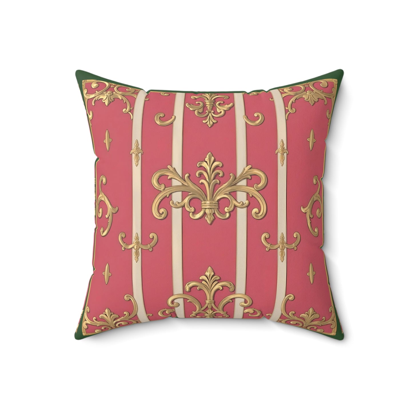 Elegant Faux Suede Green Border Striped Pink Baroque Square Pillow, Decorative Pillow for Living Room, Home Decor Accent
