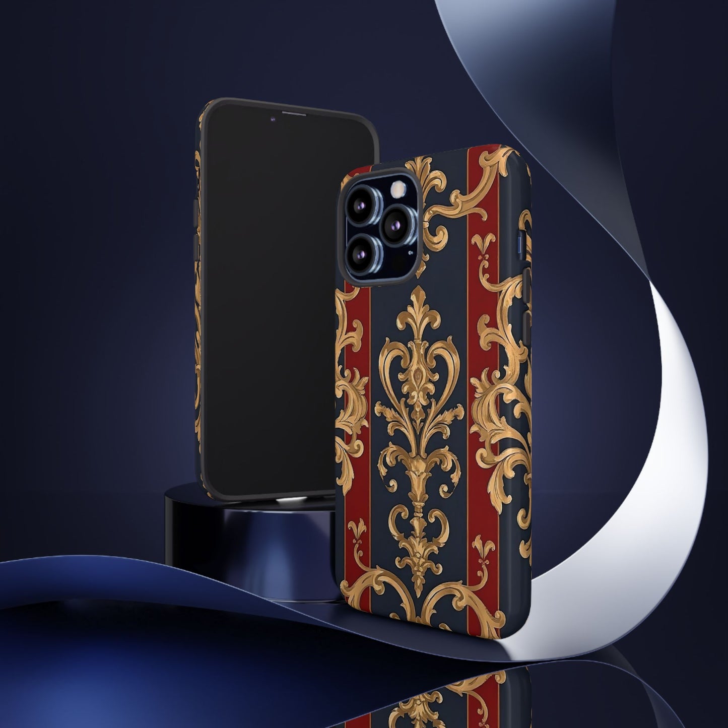Elegant Floral Motif Phone Case - Tough Cases with Vintage Design - Midnight Blue & Dusk Red Striped Gold Damask