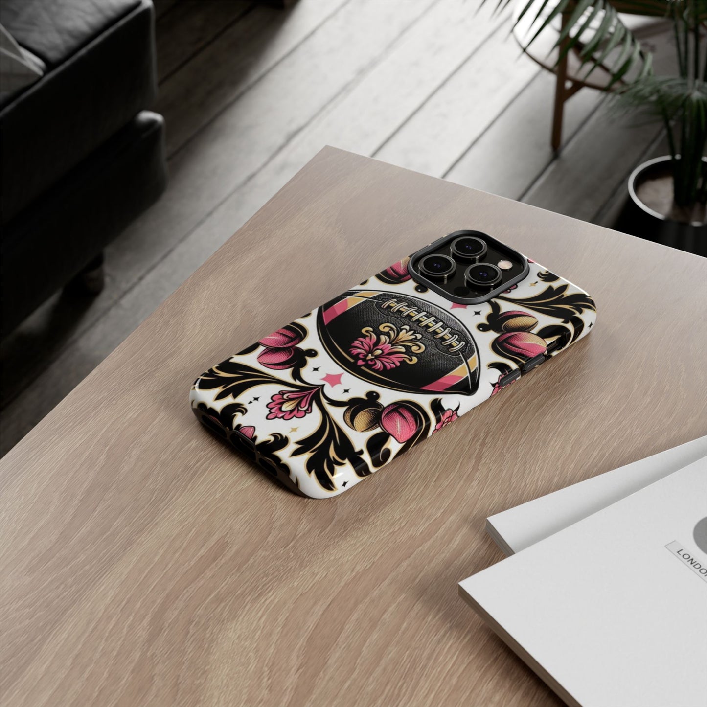 Elegant Floral Motif Phone Case - Tough Cases with Vintage Design - Damask White, Pink Gold & Black Football