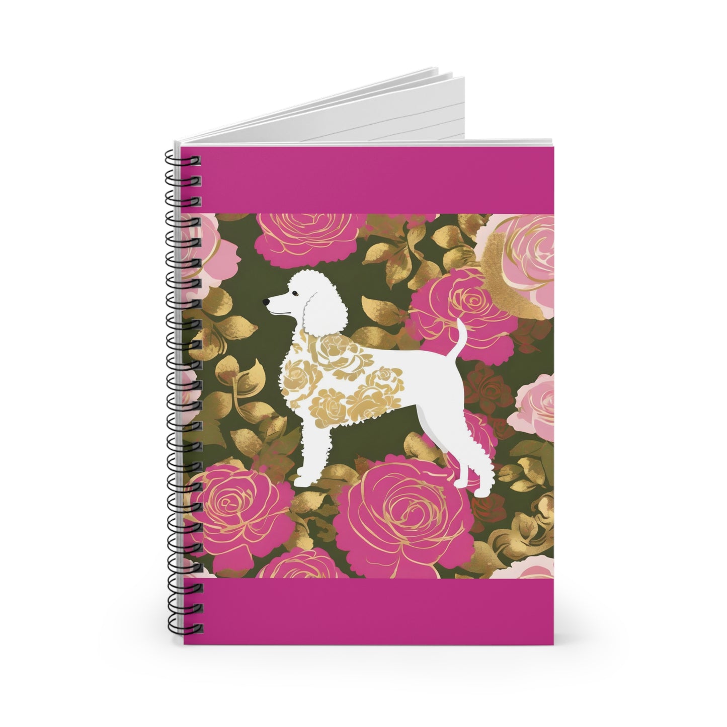 Elegant Vintage Spiral Notebook - Ruled Line with Damask White Poodle In Olive & Pink Roses