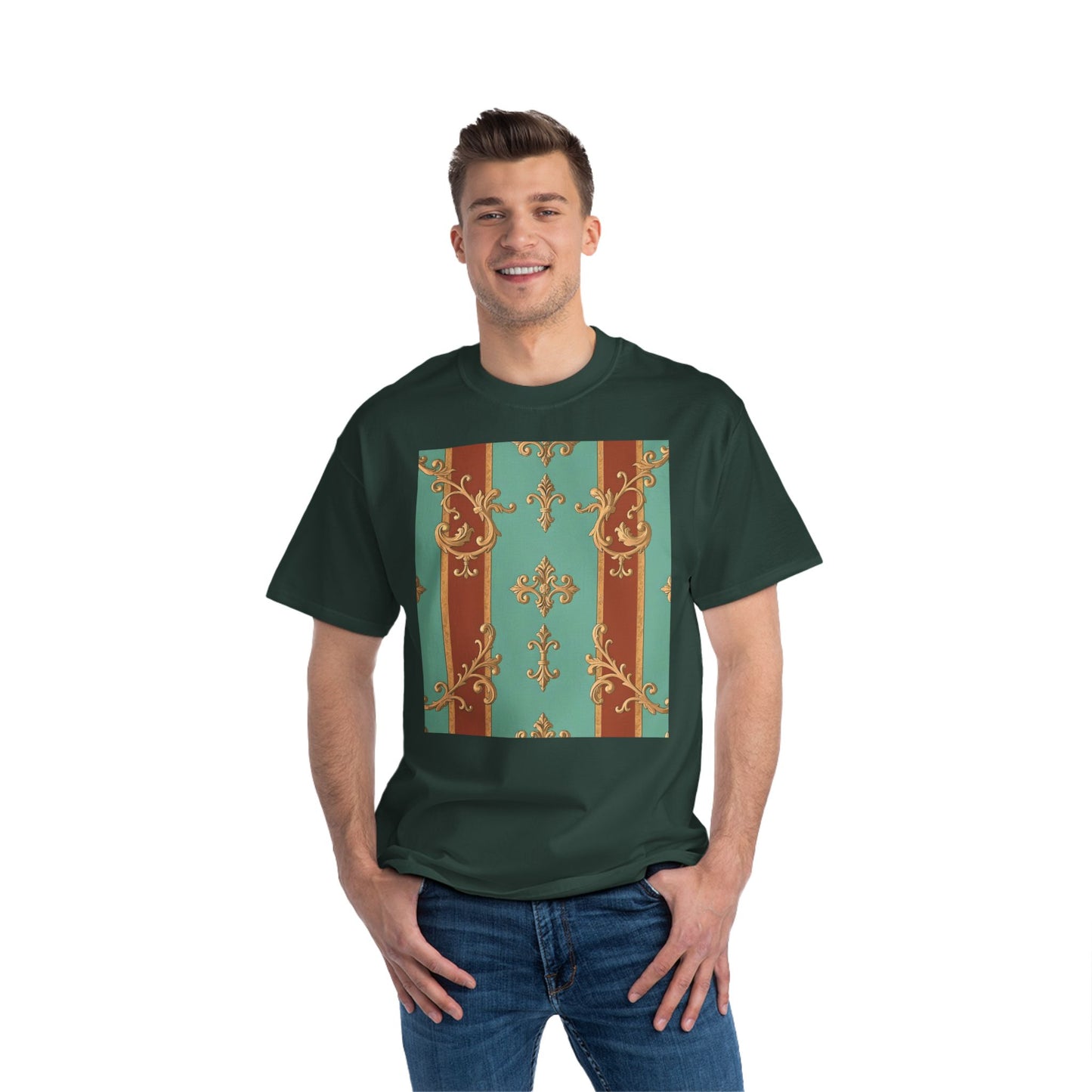 Elegant Vintage Patterned T-Shirt | Vintage Style Tee, Casual Wear, Retro Aesthetic - Rust & Mint Aqua Striped Baroque