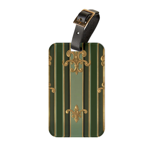 Elegant Vintage Luggage Tag, Travel Accessory, Personalized Tags, Gift for Travelers, Baggage Identification - Green Striped Gold Baroque