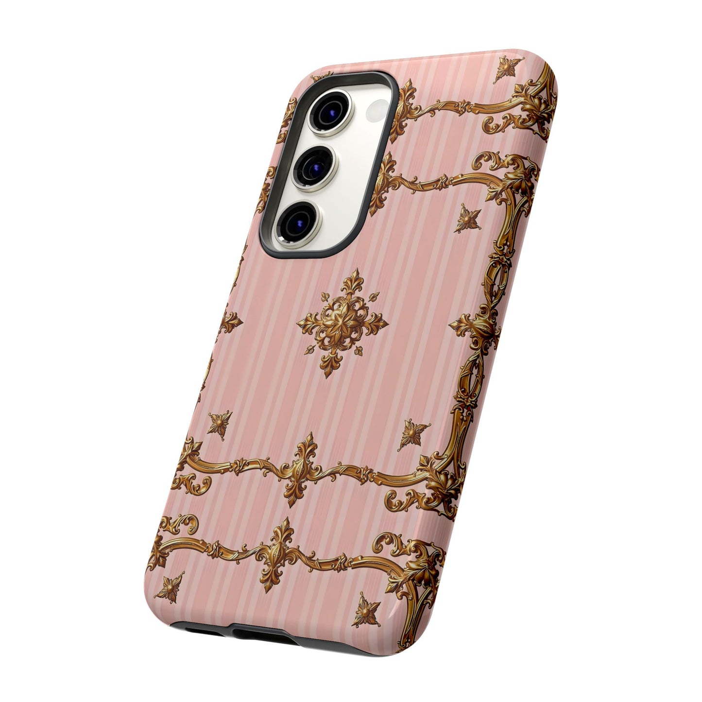 Elegant Floral Phone Case, Tough Cases for Women, Trendy Phone Cover, Chic Gift - Pink Striped Gold Baroque