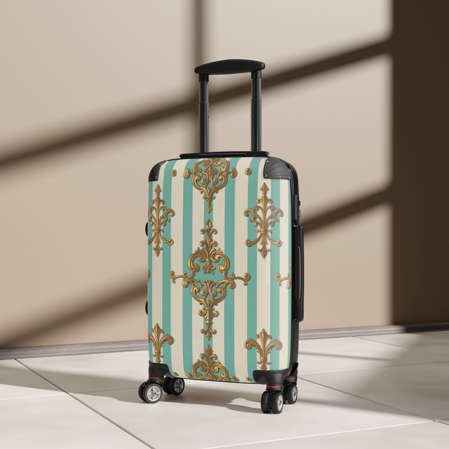 Chic Travel Suitcase, Stylish Luggage, Travel Accessory, Vintage Design Bag, Perfect for Vacation - Matte Green Striped Rococo