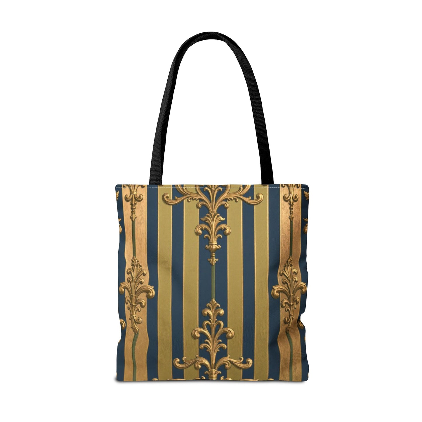 Elegant Midnight Blue & Olive Striped Gold Baroque Golden Striped Tote Bag, Stylish Shopping Bag, Trendy Handbag, Chic Gift for Her