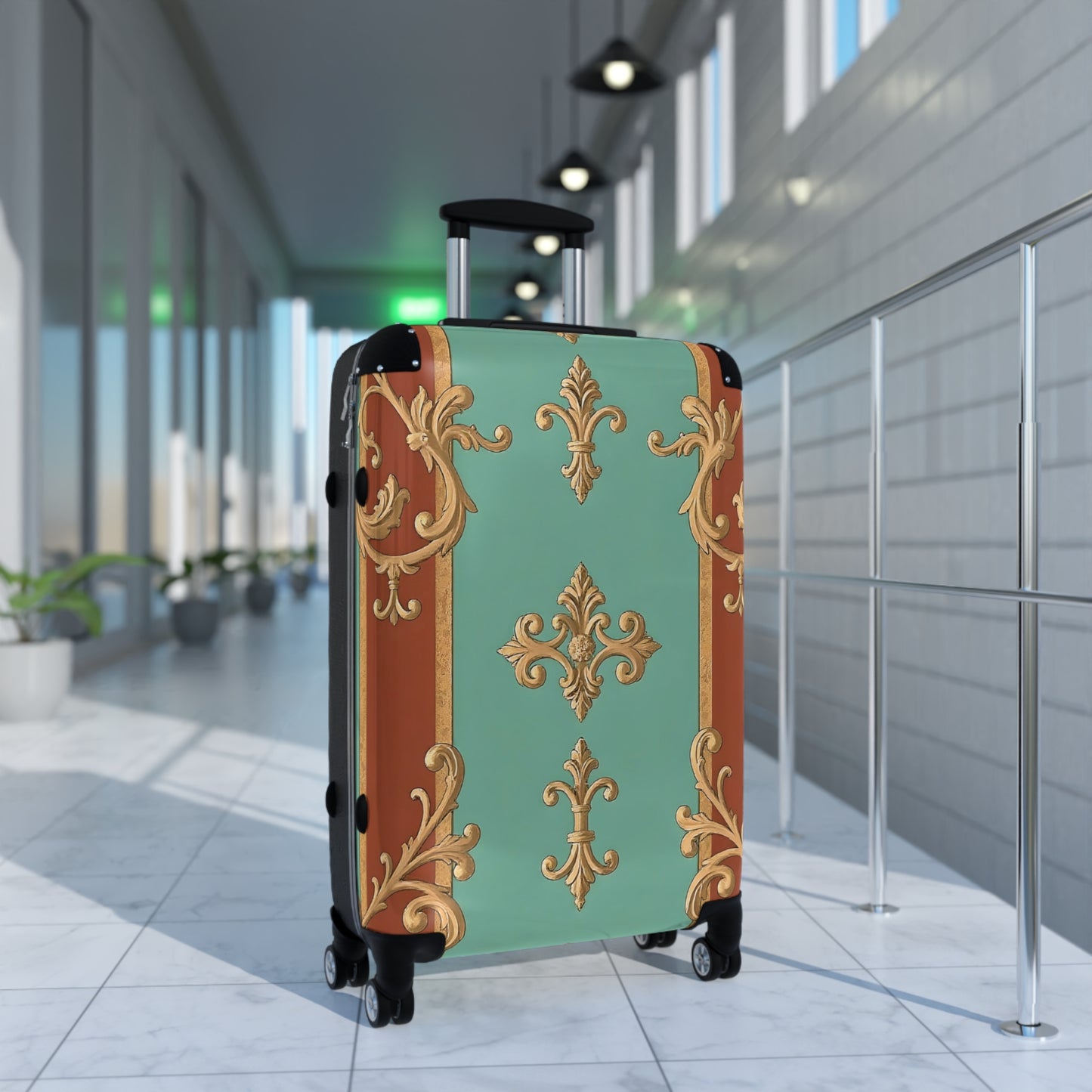 Elegant Travel Suitcase with Vintage Design - Rust & Mint Aqua Striped Baroque
