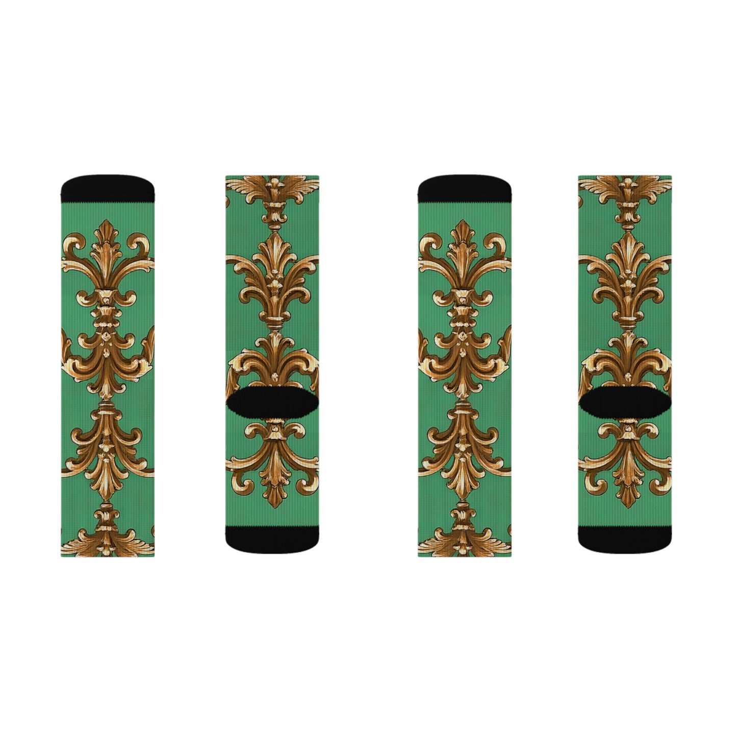 Elegant Gold Floral Pattern Sublimation Socks | Stylish, Comfortable & Perfect for any Occasion - Rust & Green Striped Baroque