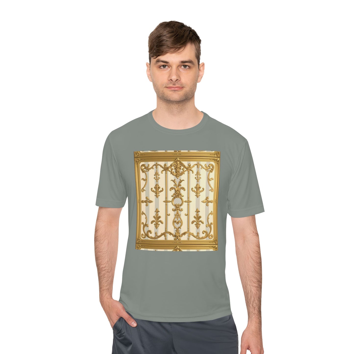 Elegant Gold Unisex Moisture Wicking Tee, Fashion Tee, Workout Shirt, Summer Style - Matte Gray & Cream Striped Gold Baroque