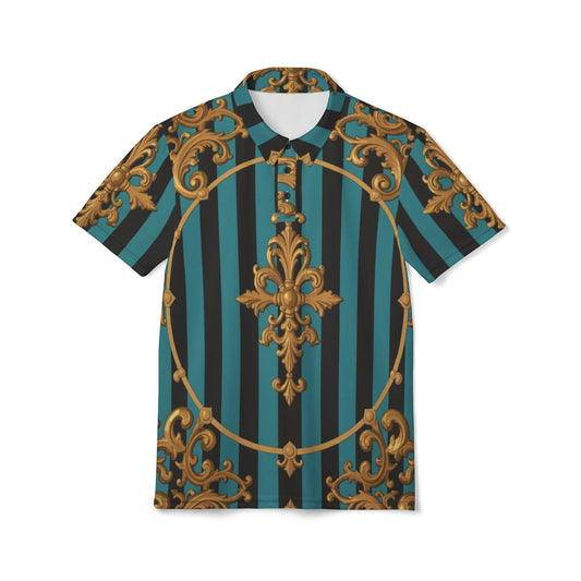 Turquoise & Black Striped Gold Baroque Unisex Polo Shirt, Fashionable Casual Wear, Stylish Gift for Him/Her, Elegant Everyday Polo