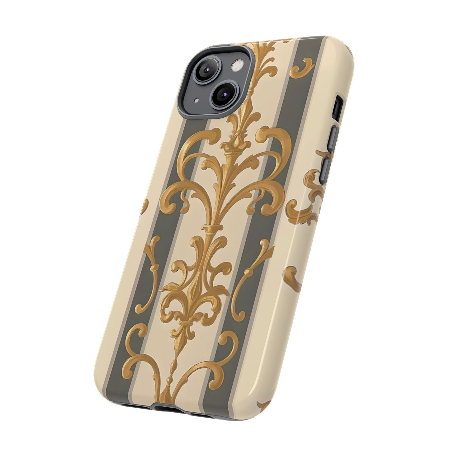 Elegant Floral Motif Phone Case - Tough Cases with Vintage Design - Dusk Olive Striped Gold Damask