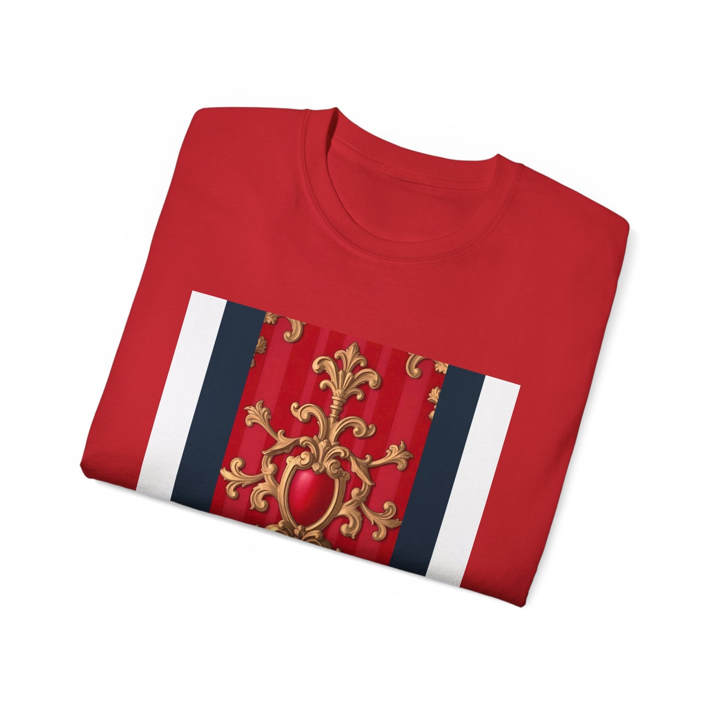 Regal Red Baroque T-Shirt, Artistic Tee, Gift for Art Lovers, Fashionable Statement Shirt, Unique Graphic Top - Blue, Red & White Striped Baroque