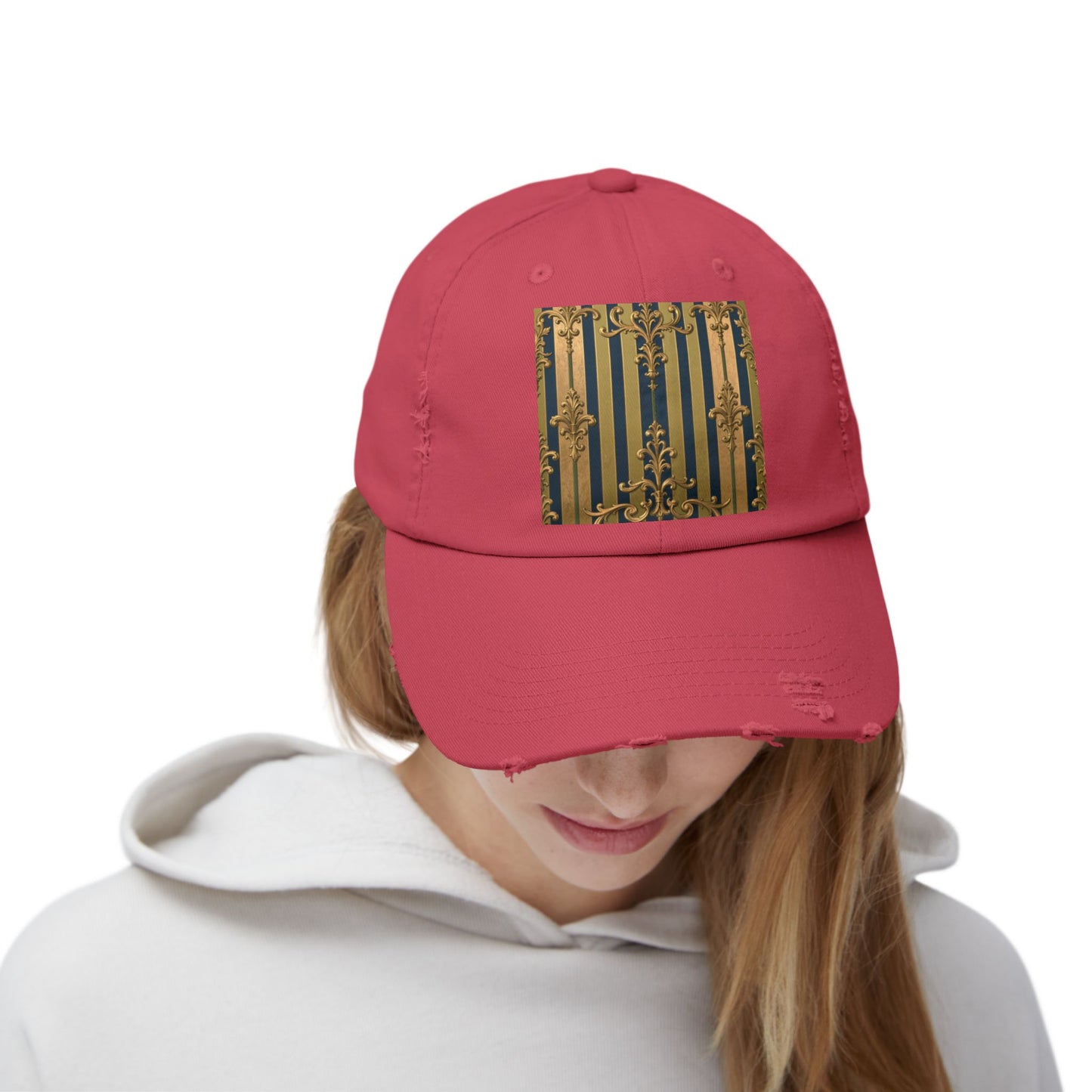 Stylish Midnight Blue & Olive Striped Gold Baroque Unisex Distressed Cap with Elegant Gold Accent, Fashionable Hat for Casual Days, Gift for Birthdays