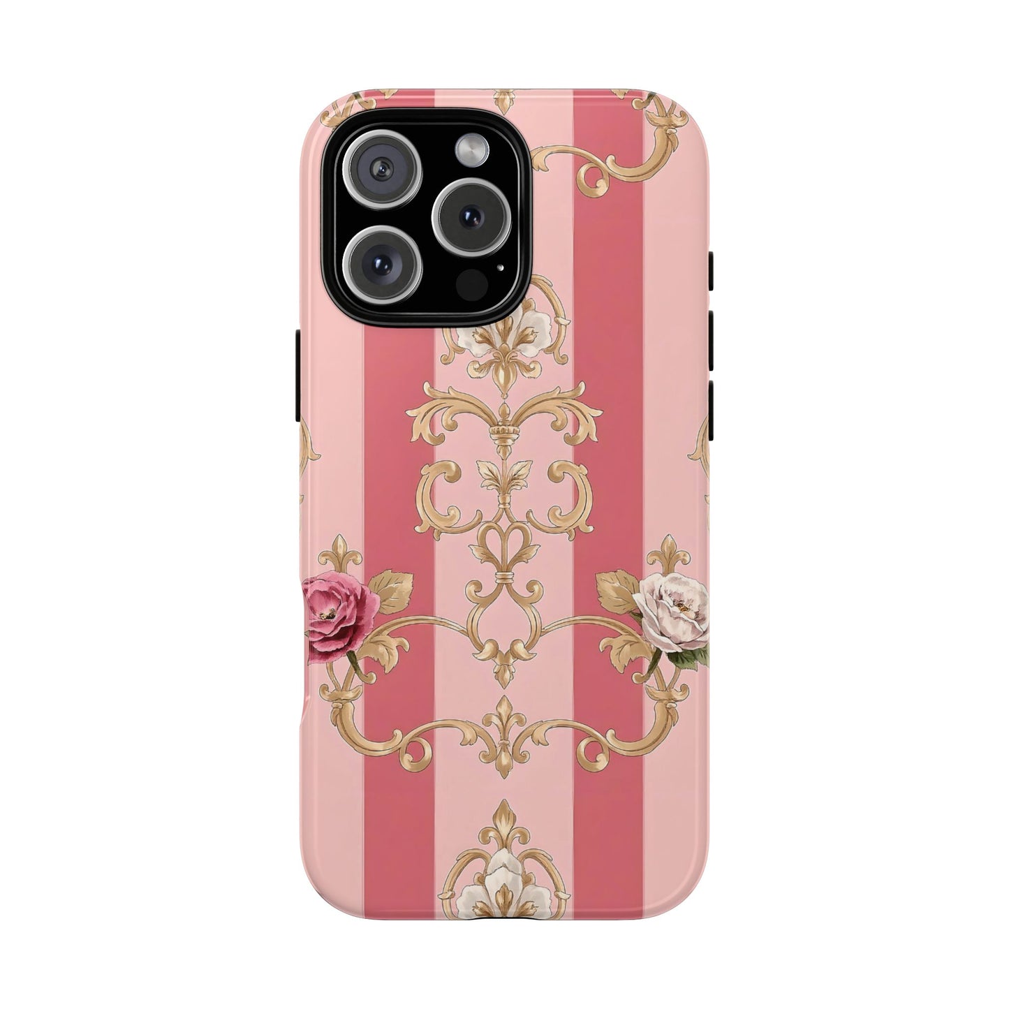 Elegant Floral Motif Phone Case - Tough Cases with Vintage Design - Pink Striped Roses & Damask