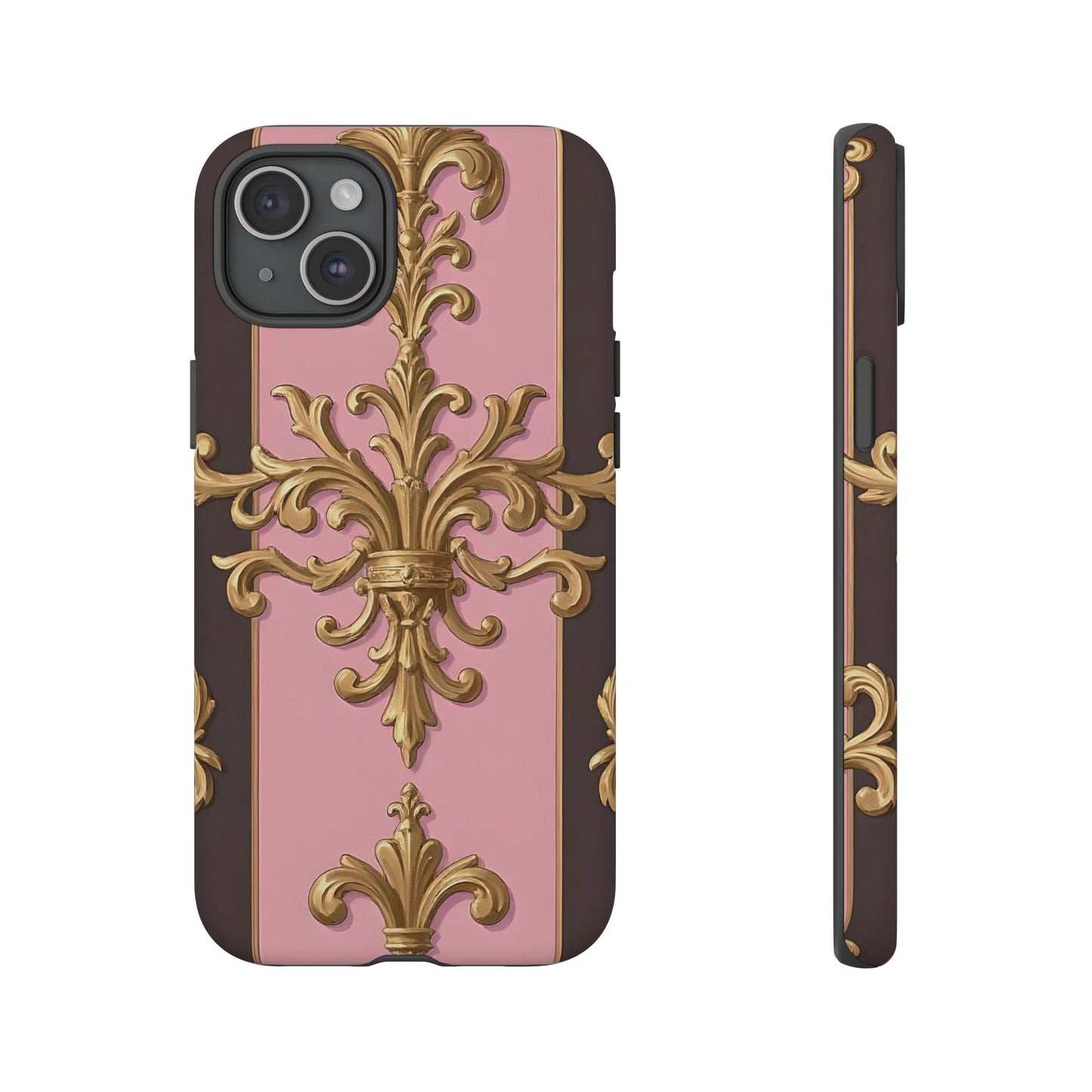 Elegant Floral Motif Phone Case - Tough Cases with Vintage Design - Pink & Brown Striped Gold Damask