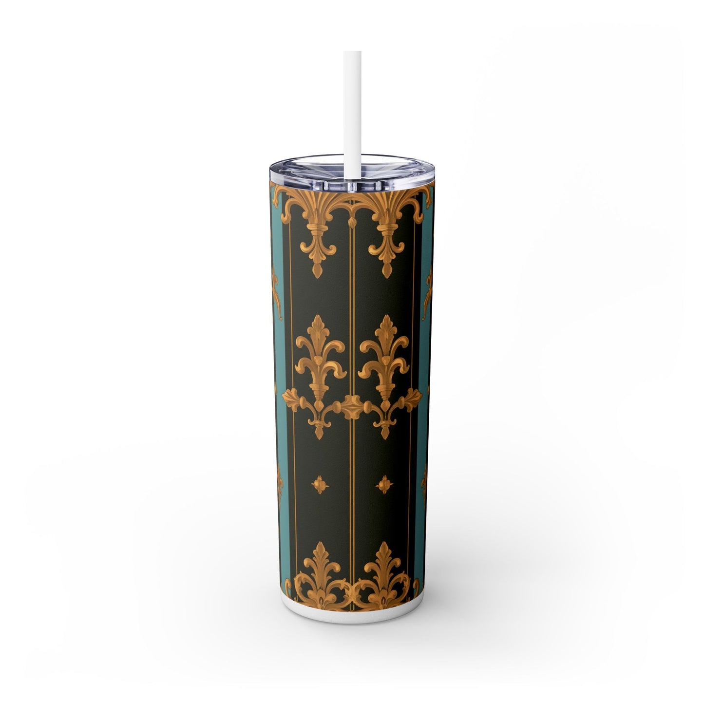 Elegant Vintage Skinny Tumbler with Straw, 20oz | Gold Floral Pattern, Reusable Drinkware, Perfect for Home - Black & Turquoise Striped Baroque