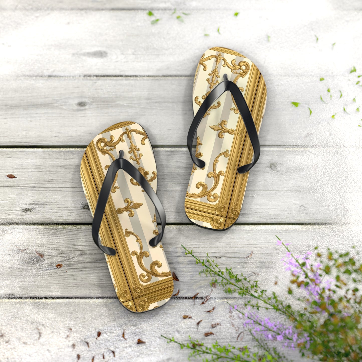 Chic Decorative Flip Flops for Beach, Summer Vibes, Vacation Footwear, Luxury Poolside Slippers - Matte Gray & Cream Striped Gold Baroque