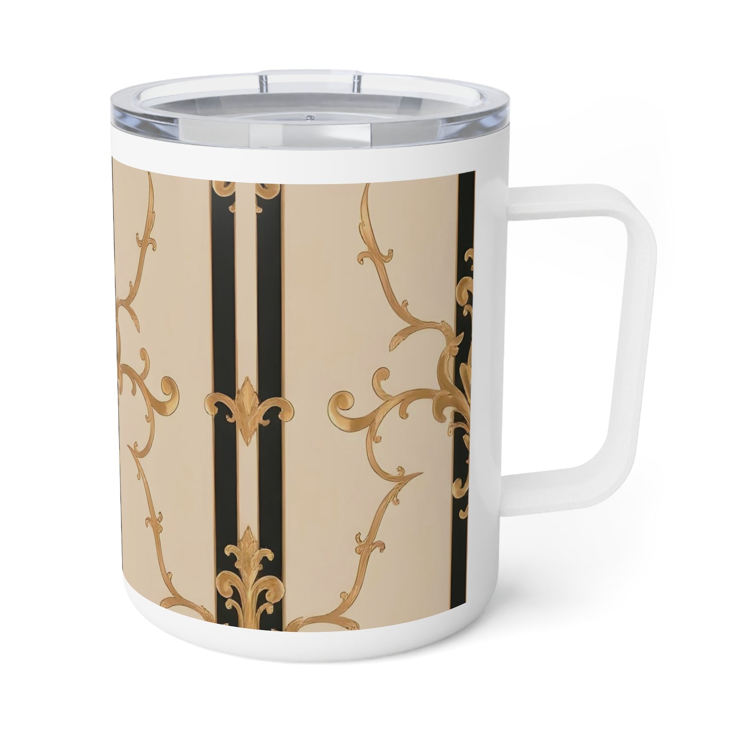 Stylish Insulated Coffee Mug - Elegant Black & Gold Design, 10oz Travel Mug for Coffee Lovers, Gift Idea - Black & Beige Striped Damask