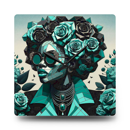 Chic Art Deco Acrylic Wall Clock - Unique Home Decor, Vintage Style Clock, Modern Timepiece, Gift for Her - Turquoise & Black Roses Lady