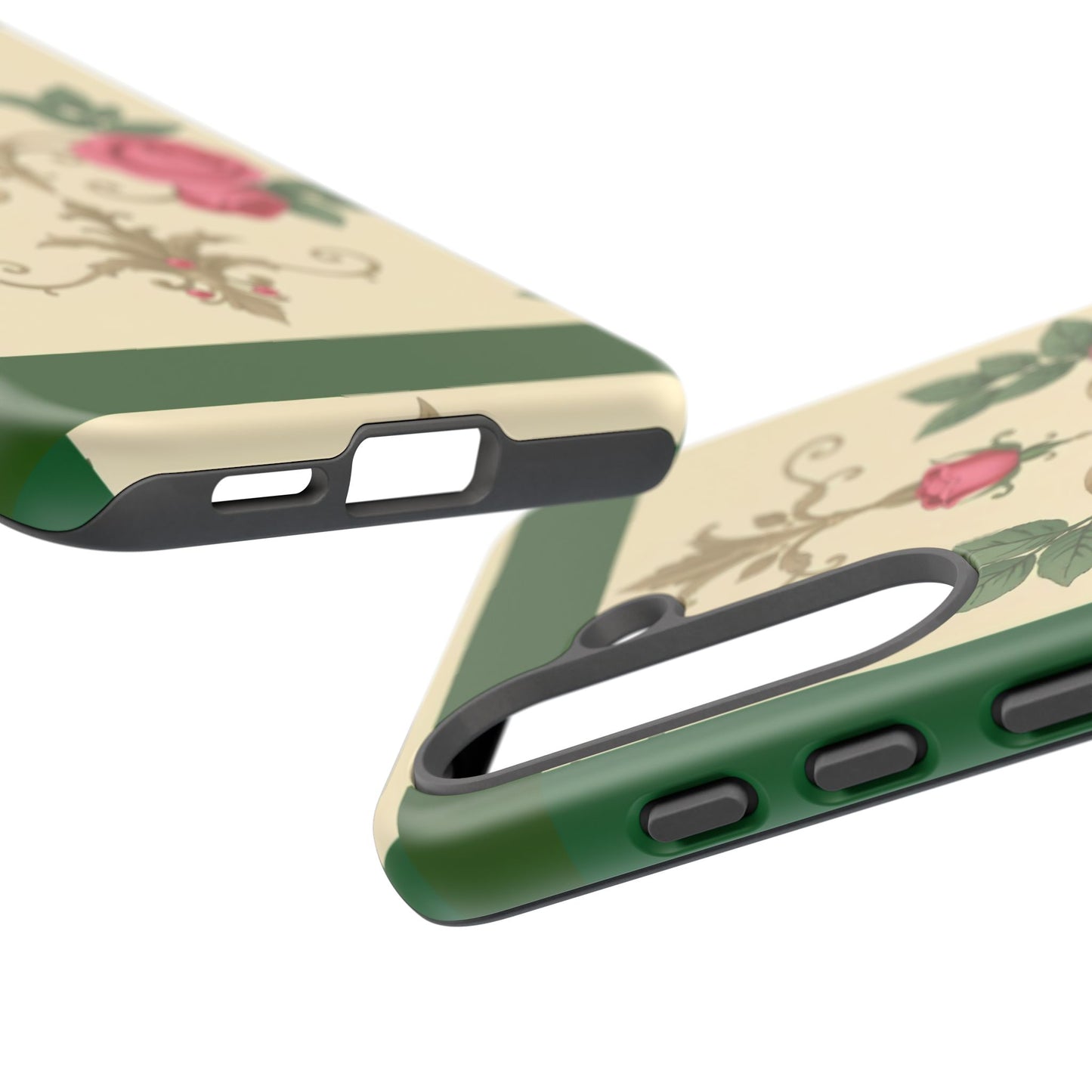 Elegant Floral Motif Phone Case - Tough Cases with Vintage Design - Green Border Roses & Damask