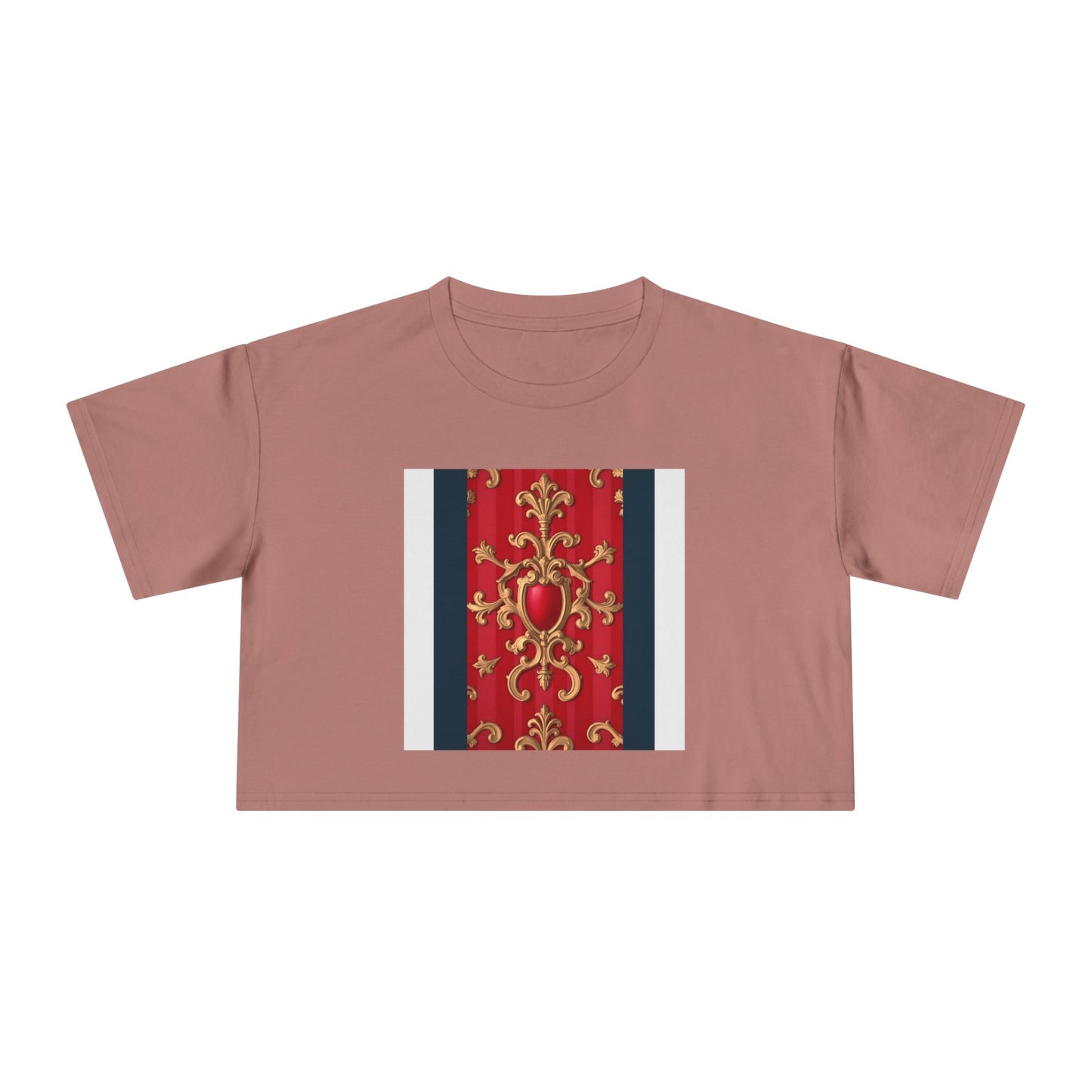 Women's Vintage Floral Crop Tee, Casual Summer Top, Bohemian Fashion, Trendy T-Shirt, Vacation Outfit - Blue, Red & White Striped Baroque