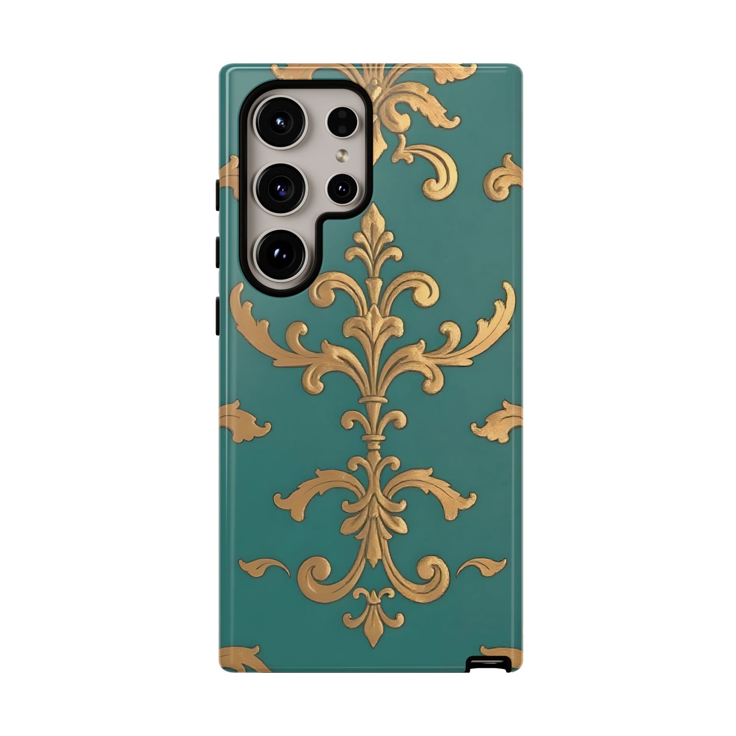 Elegant Floral Motif Phone Case - Tough Cases with Vintage Design - Aqua & Gold Damask