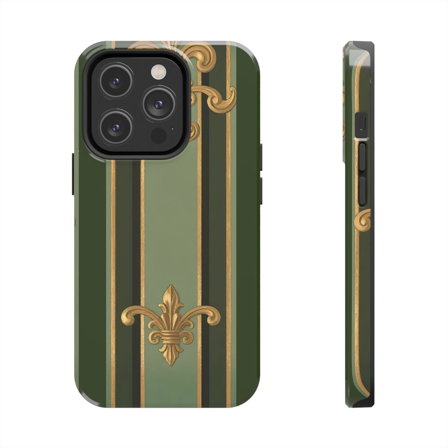 Elegant Tough Phone Cases - Baroque Design, Durable Cell Phone Covers, Unique Gifts for Her, Holiday Gifts - Green Striped Gold Baroque